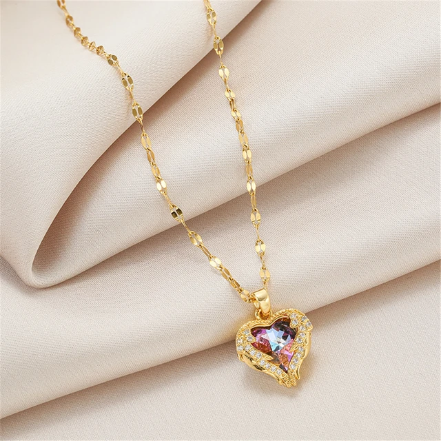 Collar colgante de corazón de océano de cristal de circón de lujo mujer, joyería de acero inoxidable de moda coreana, cadena cuello de boda femenina _ AliExpress Mobile