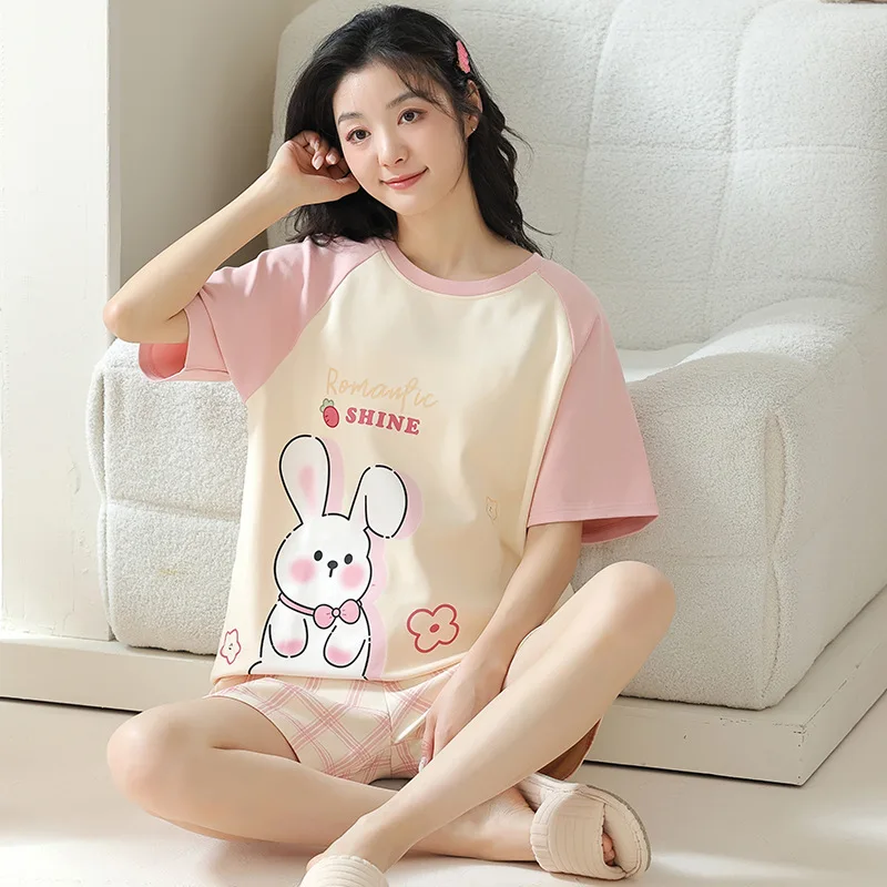 

Summer Short Women Cotton Pajamas Sleeve Shorts Nightwear Sweet Sleepwear Female Pijamas Cartoon Pyjamas Woman Home Suit