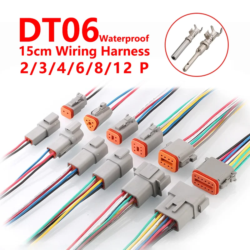 전기 방수 DEUTSCH DT 커넥터 플러그 소켓, DT06 시리즈 2, 3, 4, 6, 8 코어 12 핀, 15cm 와이어링 하네스 포함, 5, 20, 100 세트