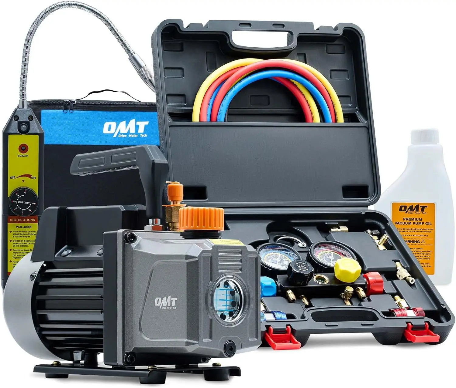 

AC Vacuum Pump and Gauge Set, 4 Way AC Gauges and 4 cfm HVAC Vacuum Pump with Leak Detector 5FT Hoses Couplers R410a Adapters