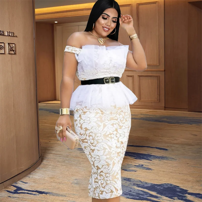 Plus Size Dress Sexy Off Shoulder Stitching Lace High Waist With Belt Party Evening Large Women's |