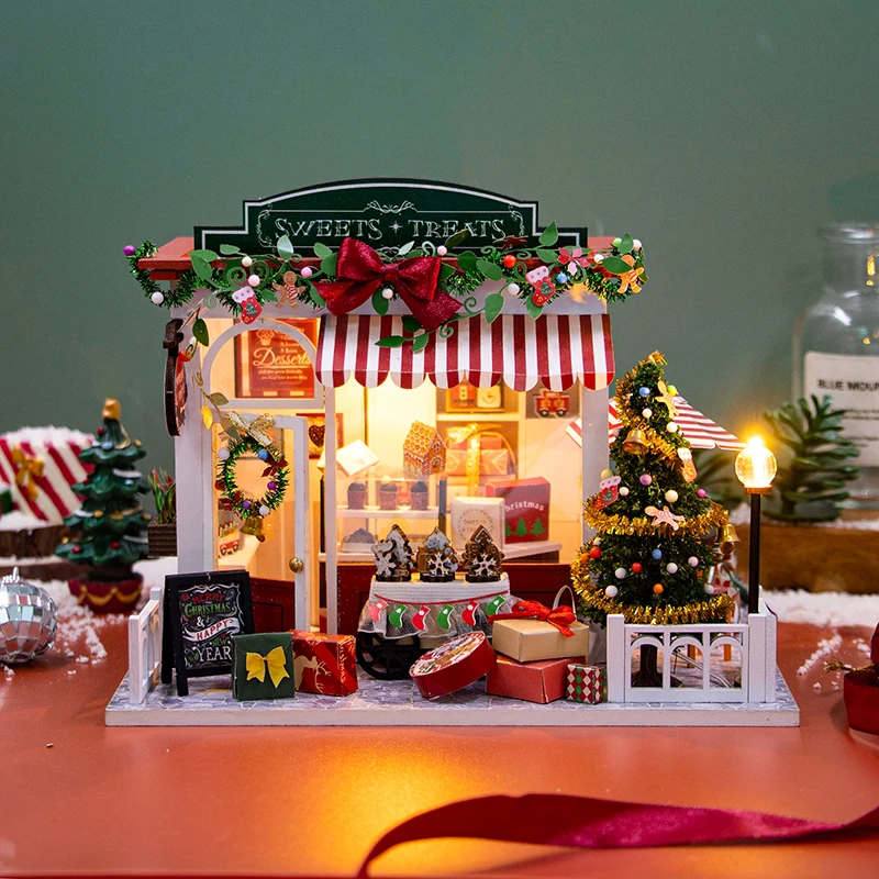 DIY Wooden Doll Houses Christmas Dessert Shop Casa Miniature Model Kit Villa Dollhouse with Furniture Led Light for Friends Gift 2
