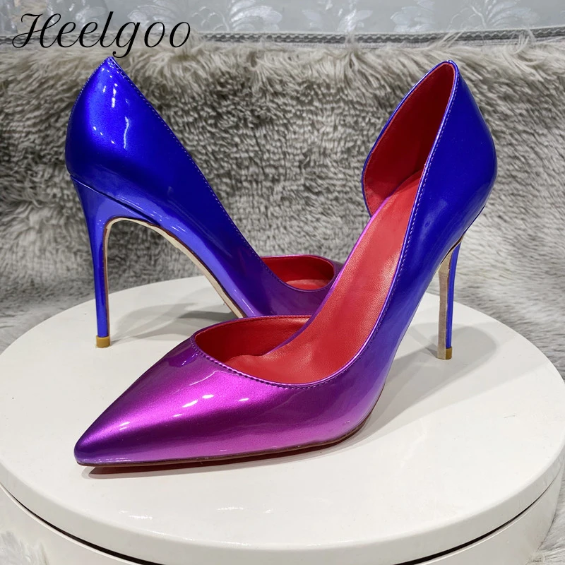 

Глянцевые градиентные синие Фиолетовые женские туфли-лодочки с острым носком на высоком каблуке
