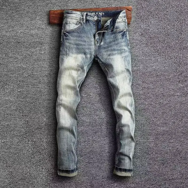 

Fashion Trendy Men Jeans Retro Washed Gray Blue Elastic Slim Ripped Jeans Men Vintage Trousers Embroidery Designer Denim Pants