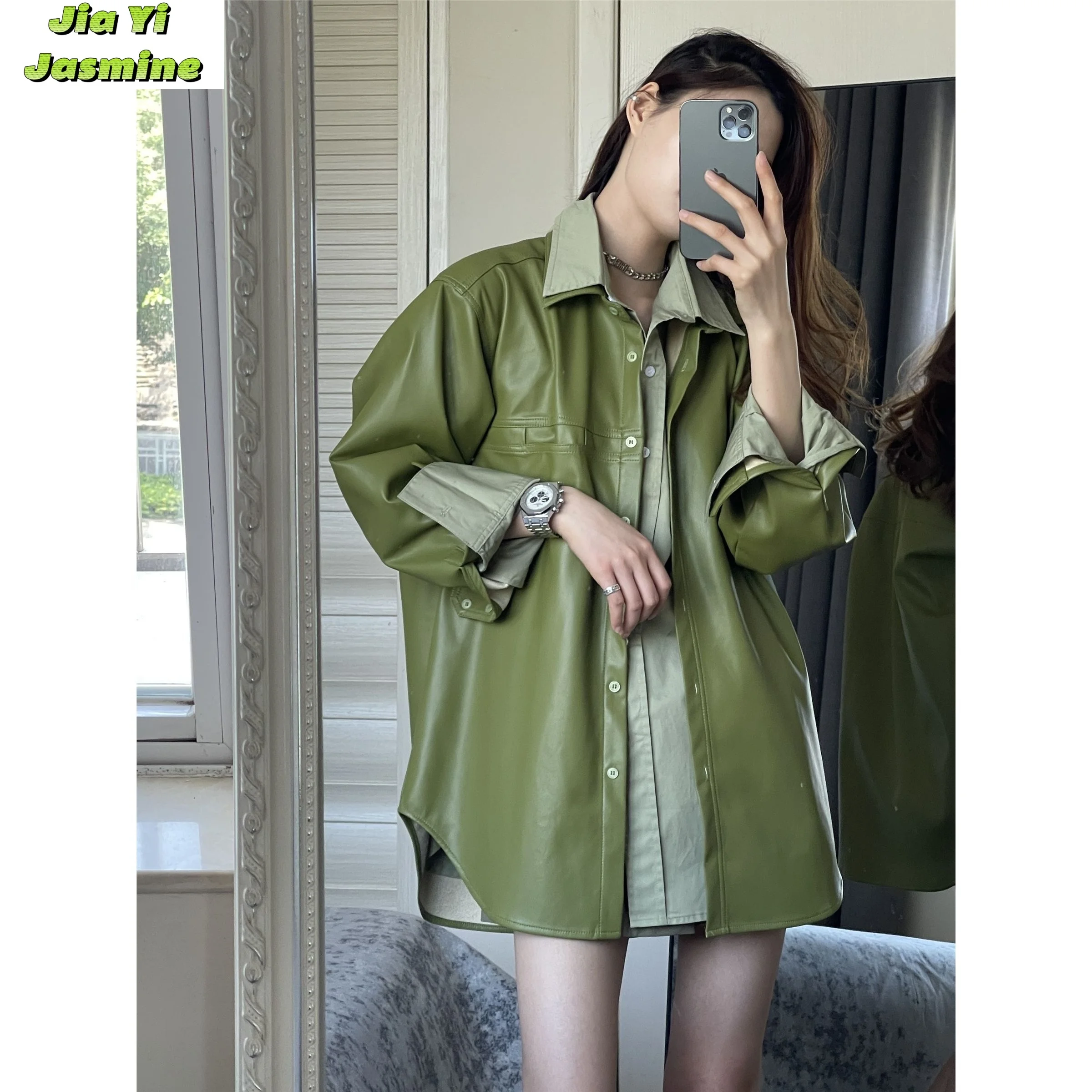 Cazadora Piel Mujer Cazadora Moda Casual Abrigo 2024 Chaqueta Cuero Otoño Chaqueta Larga Cremalleras Primavera PU Cardigan Manga Slim Fit Motocicleta Bomber Chaqueta