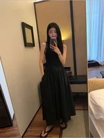 TKNOLEGE Summer New Round Neck SleevelessHigh Waist Temperament Female Fashion Style Dress Simple Elegant Black Long Dresses 5