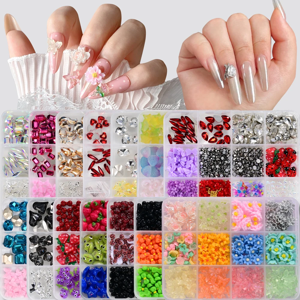 12 Stile/Box 3D Gemischte Rote Themen-Nagelkunst-Charms aus Harz: Kirsche, Erdbeere, Schleife, Blume, Strass-Nageldekorationen für DIY-Maniküre – Detail 8