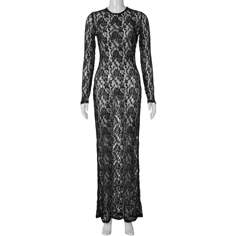 Lace See-Through Printed Long Dress Female Hollow Out Slim High Waist Solid Dress Sexy Club Clothes Ladies Maxi Dress 2025