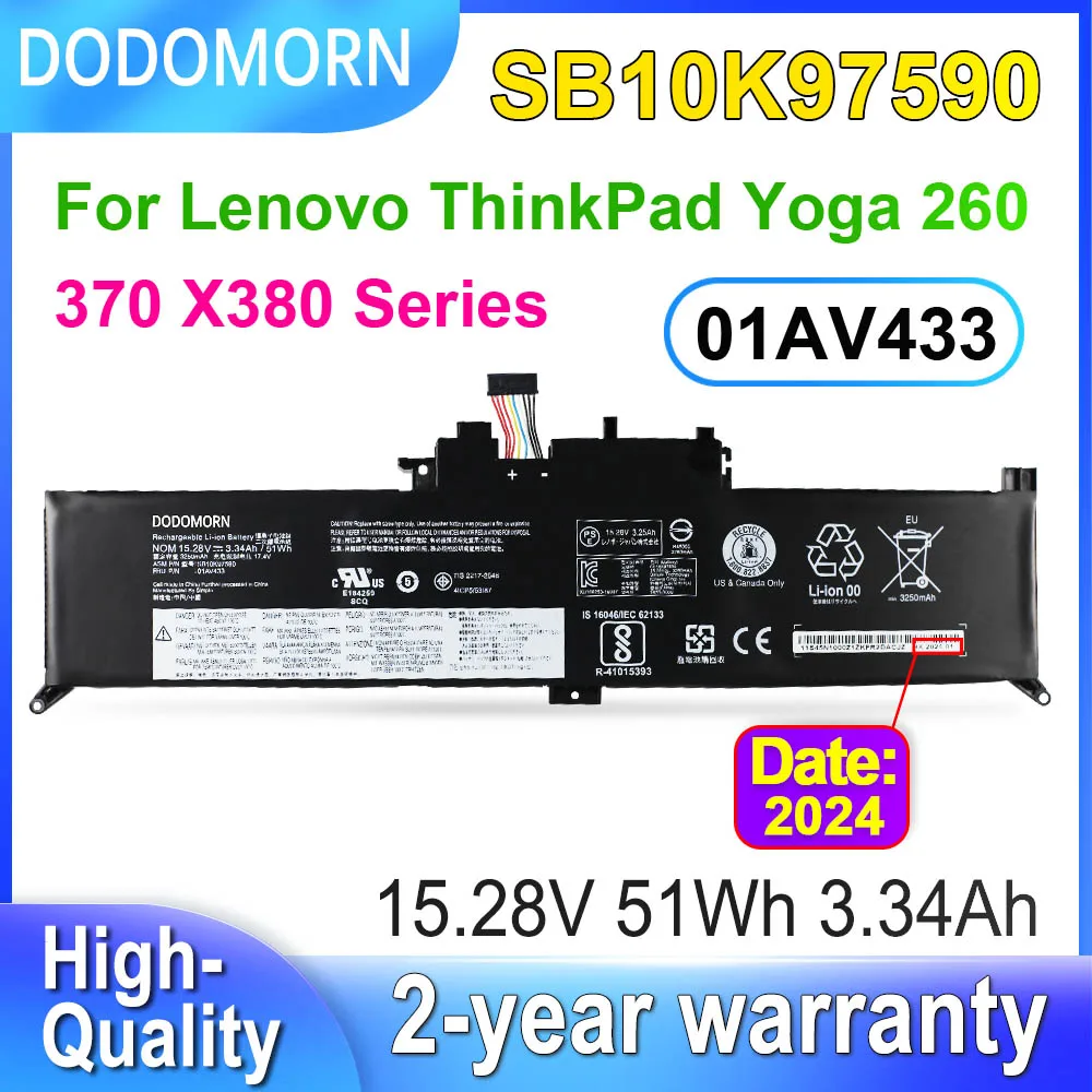 

01AV433 SB10K97590 For Lenovo ThinkPad Yoga 260 370 X380 01AV434 01AV432 00HW026 00HW027 SB10F46465 Laptop Battery 51Wh 15.28V