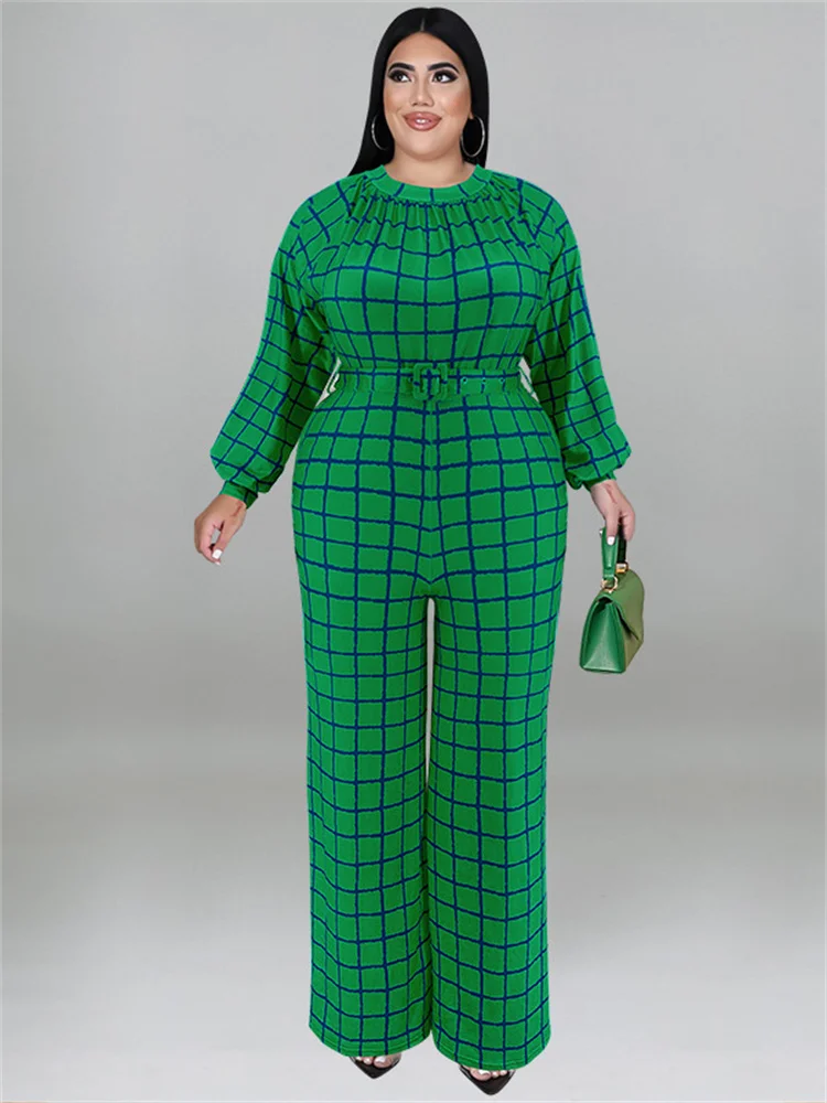 Wmstar Plus Size Jumpsuit Women with Belt Plaid One Piece Outfits Casual Wide Leg Bodysuit Office Lady Wholesale Dropshipping