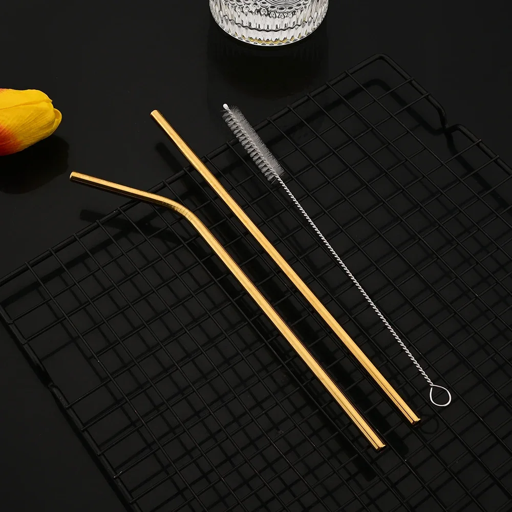 Eco-Friendly Reusable Stainless Steel Drinking Straw Set with Cleaning Brush - 3 Pieces