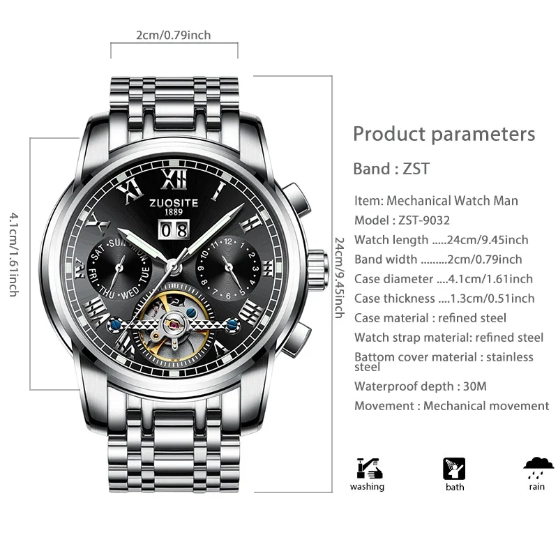 Luxury Brand Mechanical Watches Men Steel High Quality Waterproof Handwatch Man Auto Tourbillon Fashion Classic Wristwatch Male