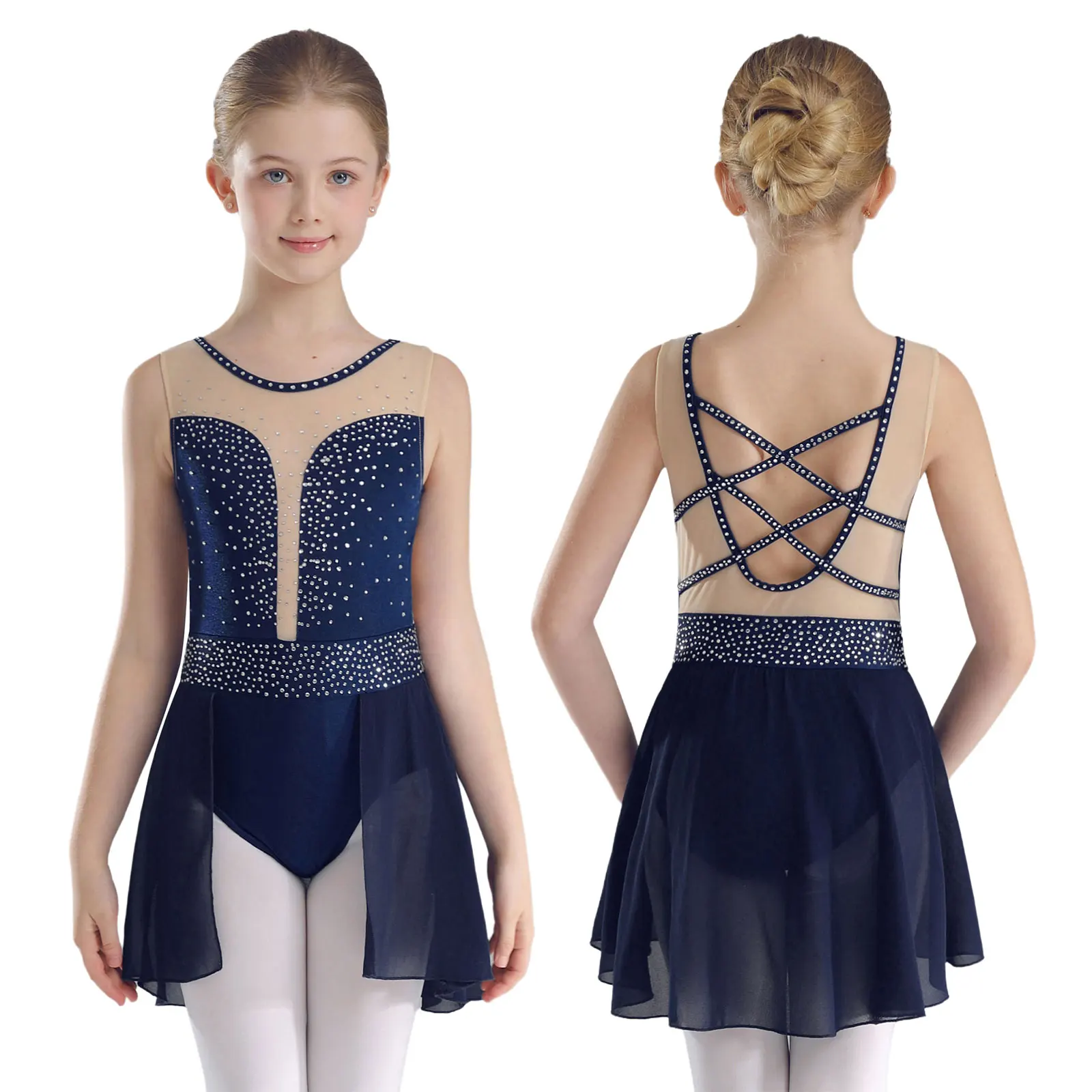 Niños Niñas gimnasia Ballet Jersey patinaje artístico vestido de baile lírico diamantes de imitación brillantes espalda en U falda tutú leotardo Ropa de baile