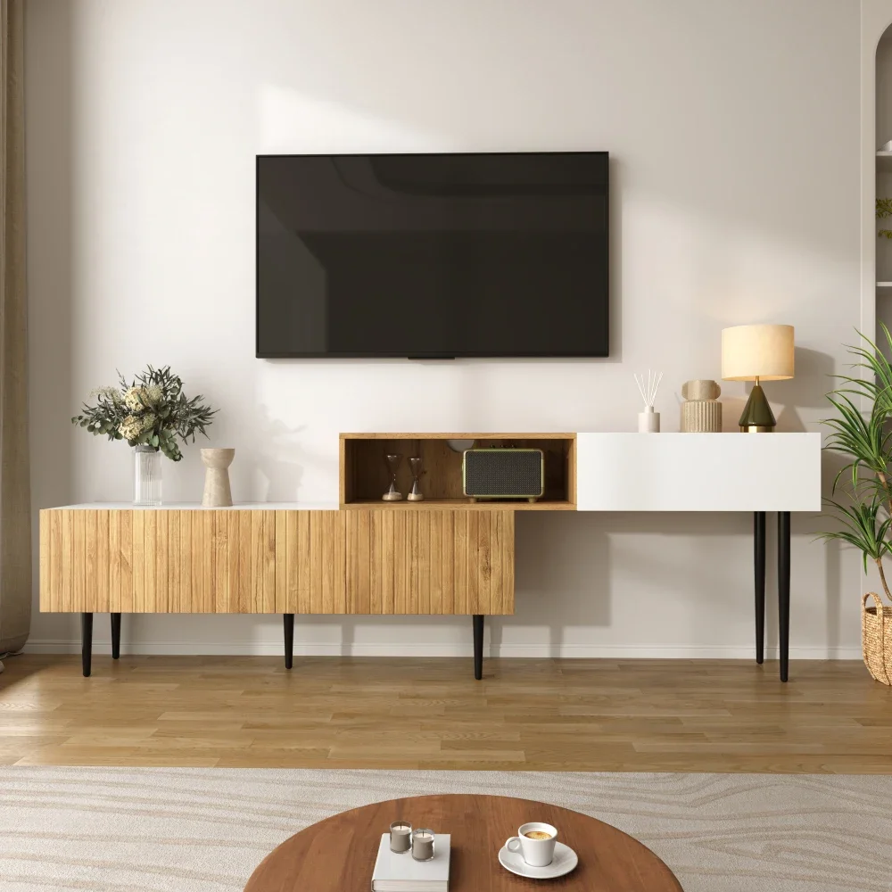 Moderner TV-Ständer mit Marmor- und Holzschnitzerei-Design, PVC-Kante, Eisenbeine, dunkle Holzfarbe, platzsparend, langlebig und langlebig – Detail 22