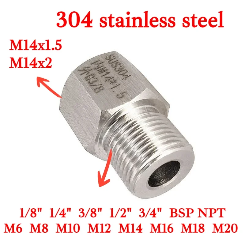 1pc M14x1.5 Metric Female To 3/8" BSPP Male 304 Stainless Steel