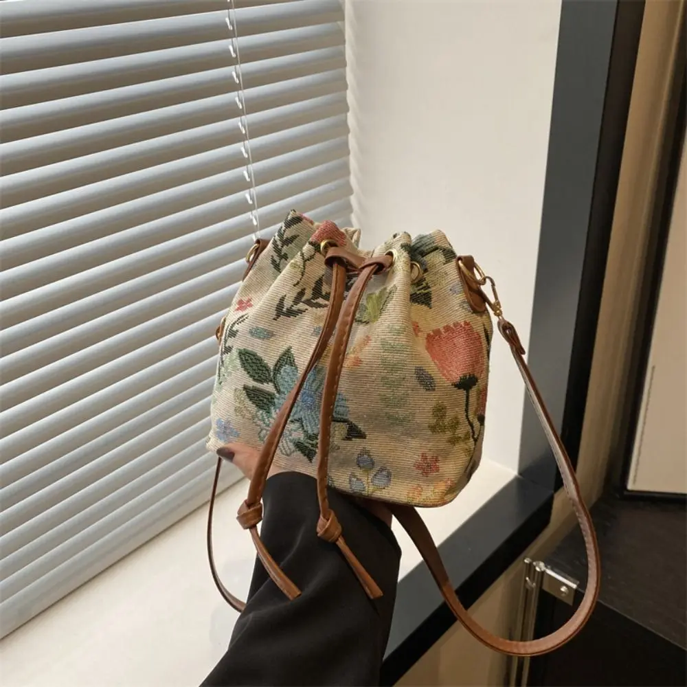 Women Linen Fabric Bucket Bag Fashion Crossbody Bag Messenger Bag Ethnic Style Floral Handbag Shoulder Bag Large Ladies Purses