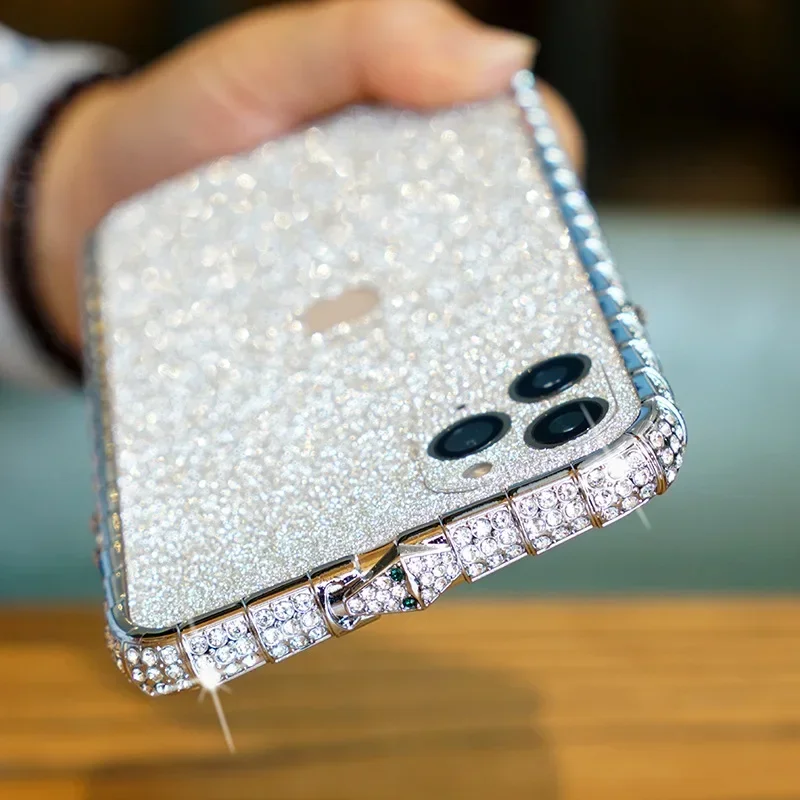 Phone Case iPhone Case Rhinestone Metal Bumper Glitter Diamond Case for iPhone 13 14 15 16 Pro Max Glitter Rhinestone Diamond Bling Crystal Cover Frame