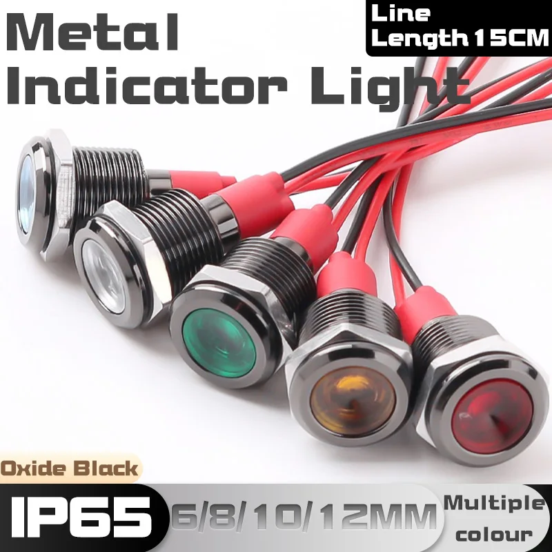 

6/8/10/12MM LED Metal Power Indicator Light With Wire Oxide Black Shell Flat Head 6V/24V/220V Red Yellow Blue Green White