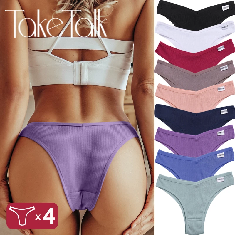Cotton Panties for Women V-Waist G-String Thongs Solid Color Female Underwear Low Rise Brazilian Panties Lingerie 4Pcs/Set