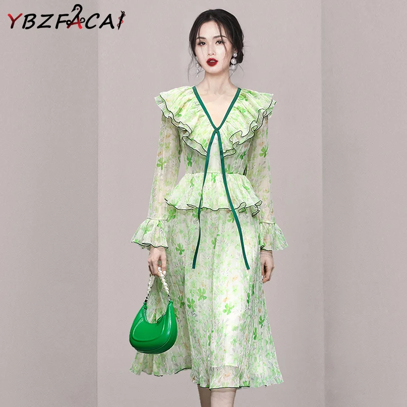 

Green Dress Women 2023 Spring Summer New Fashion V-neck Ruffle Long Sleeve Floral Dress Elegant Luxury Office Lady Dress