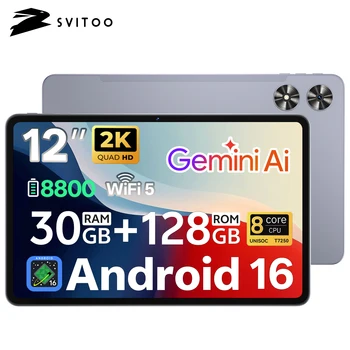 SVITOO Tablet 2026 Android 16 12 Inch 2000 x 1200 2K Display IPS Large Screen Unisoc T7250 Octa-Core Processor 6GB Physical RAM + 24GB Virtual RAM 128GB ROM 1TB Expandable 8800mAh Battery 2.4GHz 5GHz Dual Band WiFi 5 Bluetooth 5.0 GPS Widevine L1 1