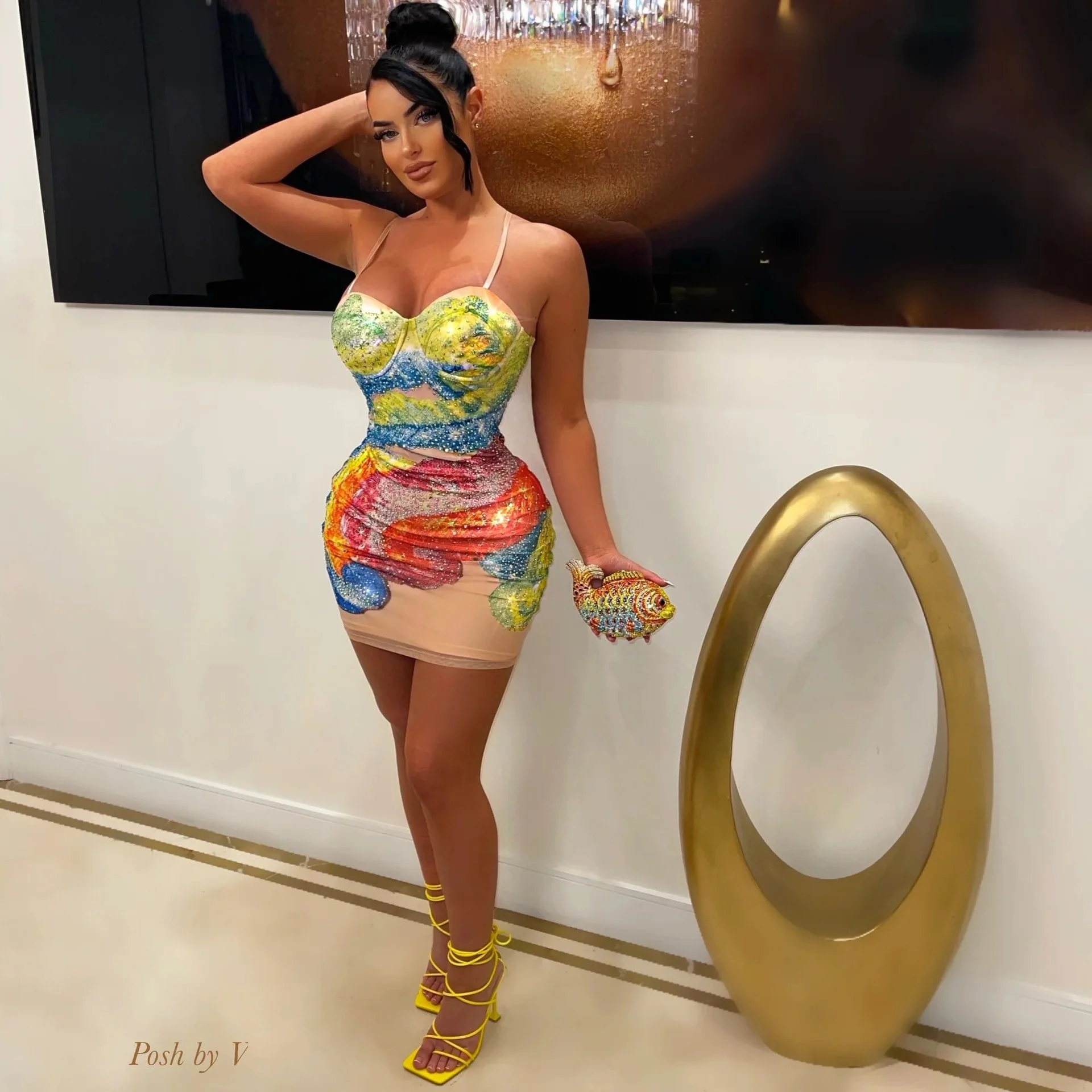 

Zoctuo Fashion Glitter Rhinestone Strap Dress Sexy Backless Slim Fit Bodycon Short Skirt For Women Birthday Party Club Night Out