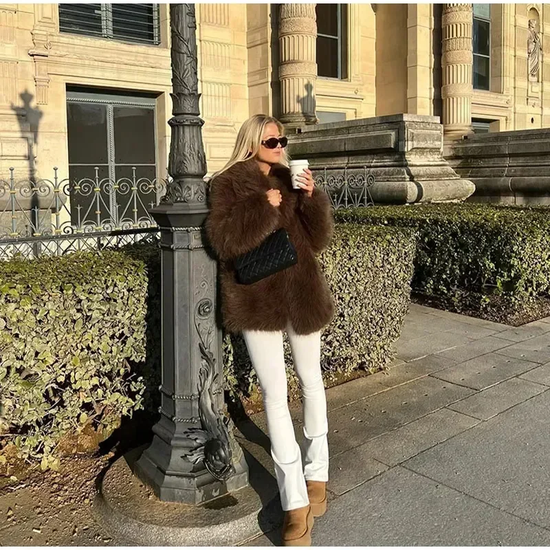 Luxury Brown Faux Fur Coats Women Fashion Full Sleeve Lapel Long Warm Jacket Winter Fluffy Thick High Street Outerwear New