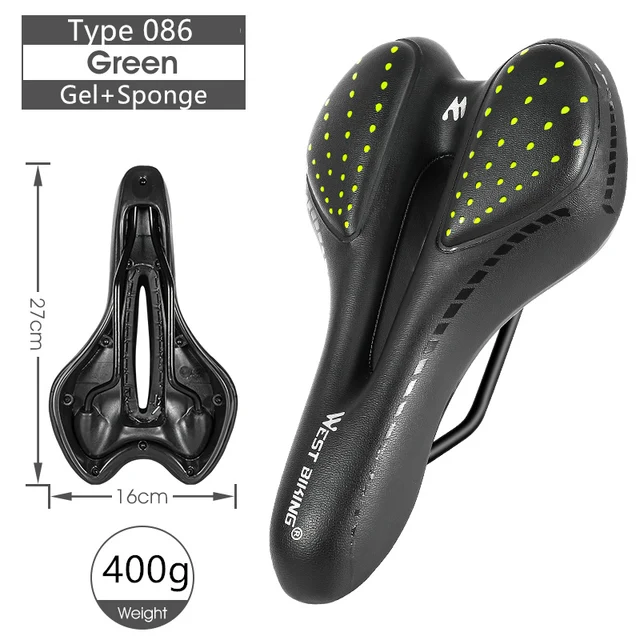 WEST BIKING Bike Saddle MTB Mountain Road Bike Seat PU Leather Gel Filled Cycling Cushion Comfortable Shockproof Bicycle Saddle 086 Green