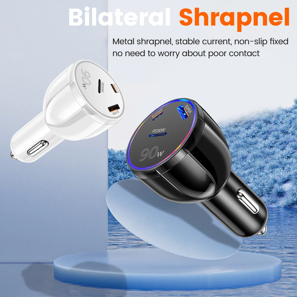 90W 3 in 1 Car Charger PD30W Type C USB Moblie Phone Fast Charging for IPhone Samsung Charger Plug Lighter Adapter Charger