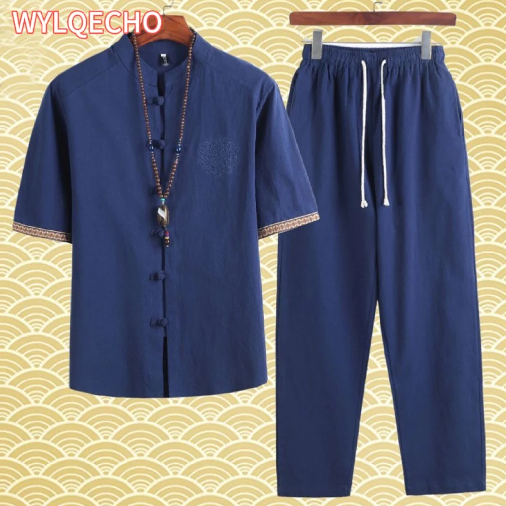 

Summer Chinese Style Linen Tang Suit Traditional Clothing Men Shorts Tai Chi Uniform Retro V-neck Short Sleeve Shirt Pants Set