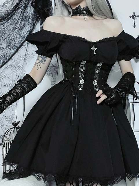 Vintage Gothic Princess Dress Women Dark Harajuku Lace Up Cross