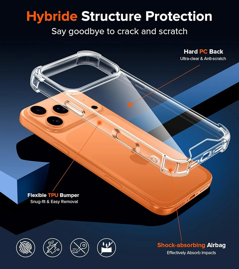 Shockproof Hybrid Transparent Case - Durable PC Hard Back with Silicone Soft Shell