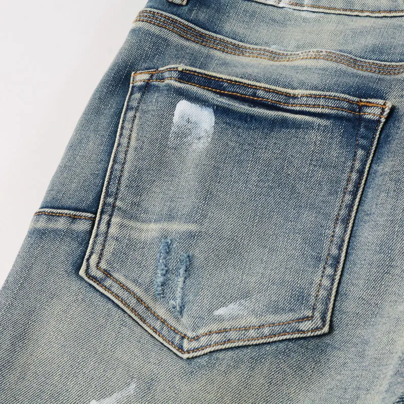 Street Fashion Men Jeans Retro Blue Stretch Skinny Fit Hole Ripped Jeans Painted Designer Elastic Hip Hop Brand Pants Hombre