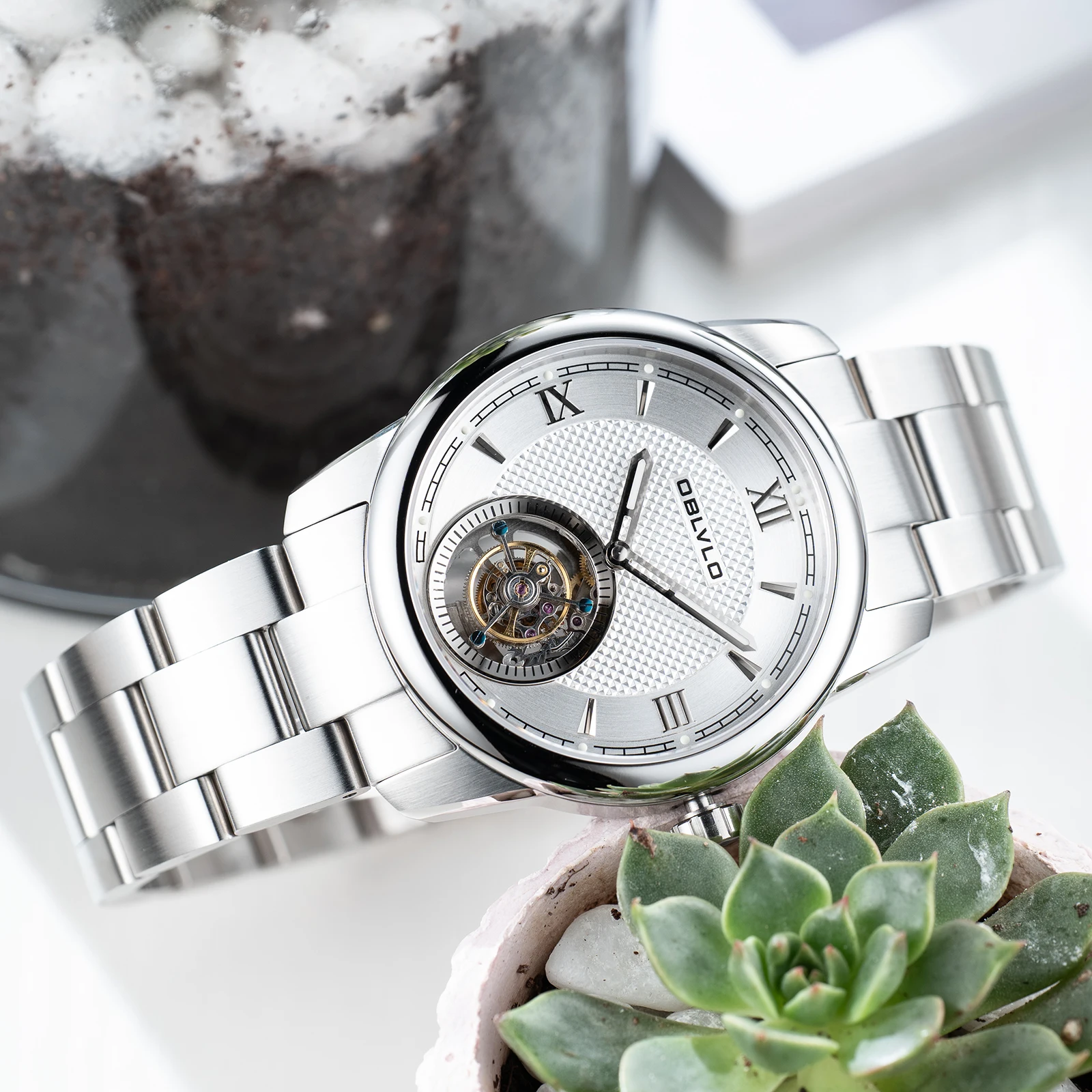 Oblvo-男性用自動巻き時計,ステンレススチール,透明なケースバック