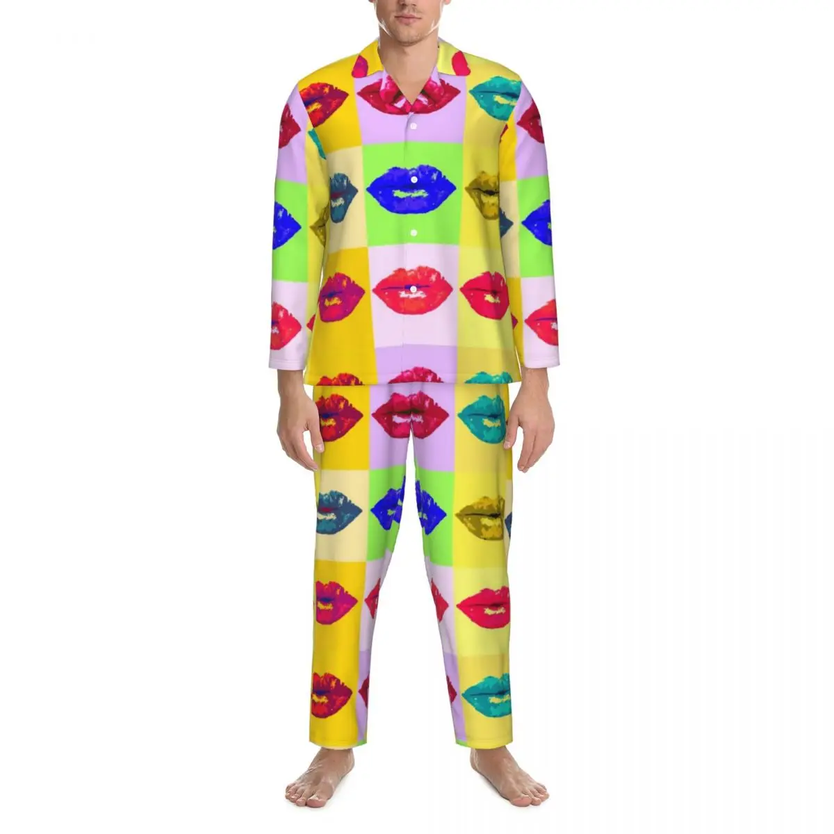 

Pop Art Kiss Pajamas Male Colorful Lips Print Romantic Room Nightwear Spring 2 Pieces Vintage Oversize Custom Pajamas Set