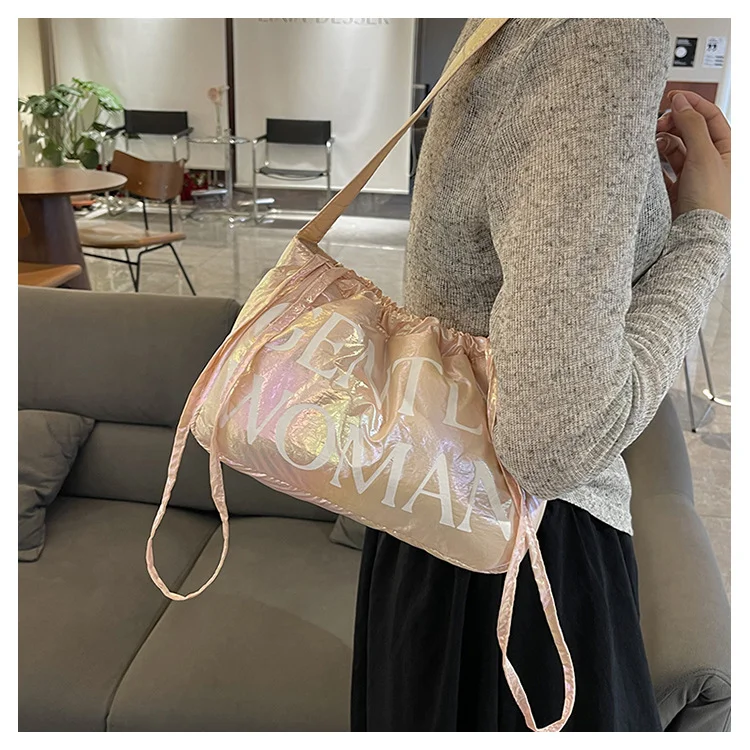 Candy colored new letter printed drawstring shoulder niche design dumpling women's armpit bag_voghion.com