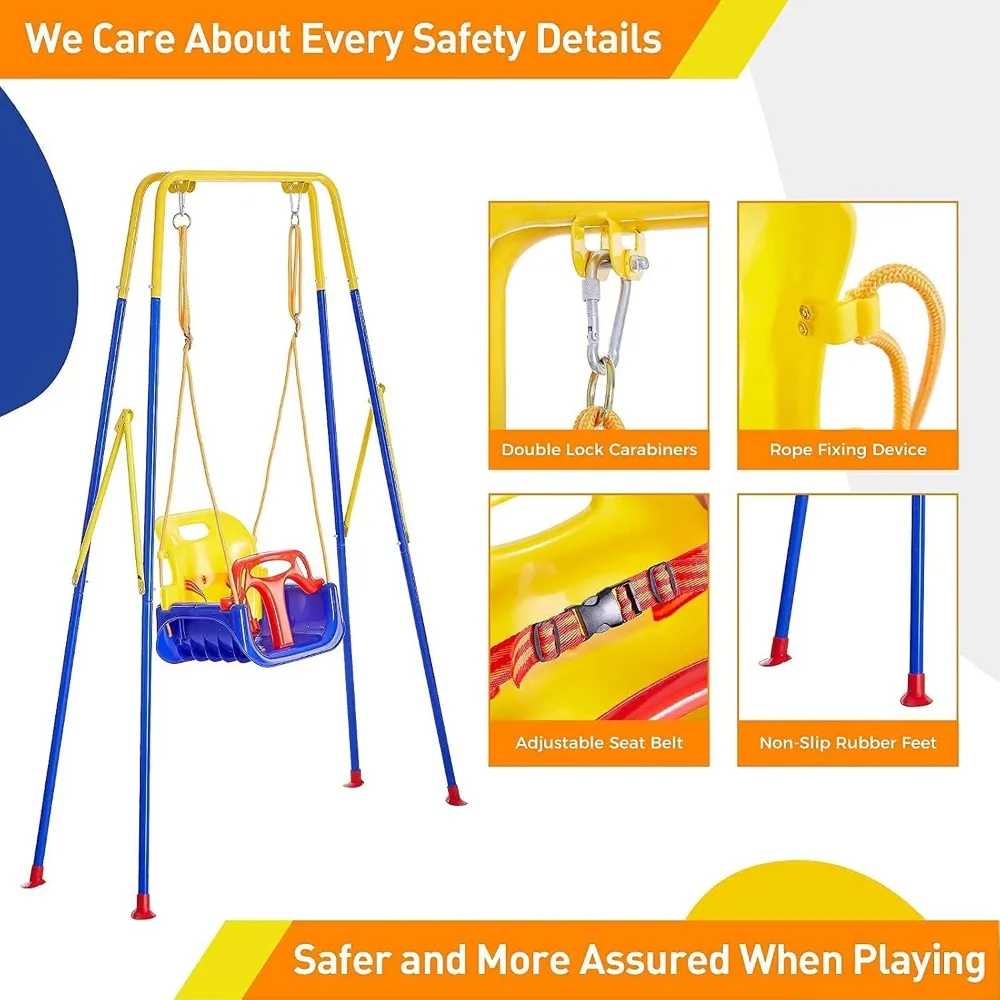 3-in-1 Toddler Swing Set with 4 Sandbags, Indoor/Outdoor Baby Swing with Foldable Metal Stand, Kids Swing Set Clear Instructions 6