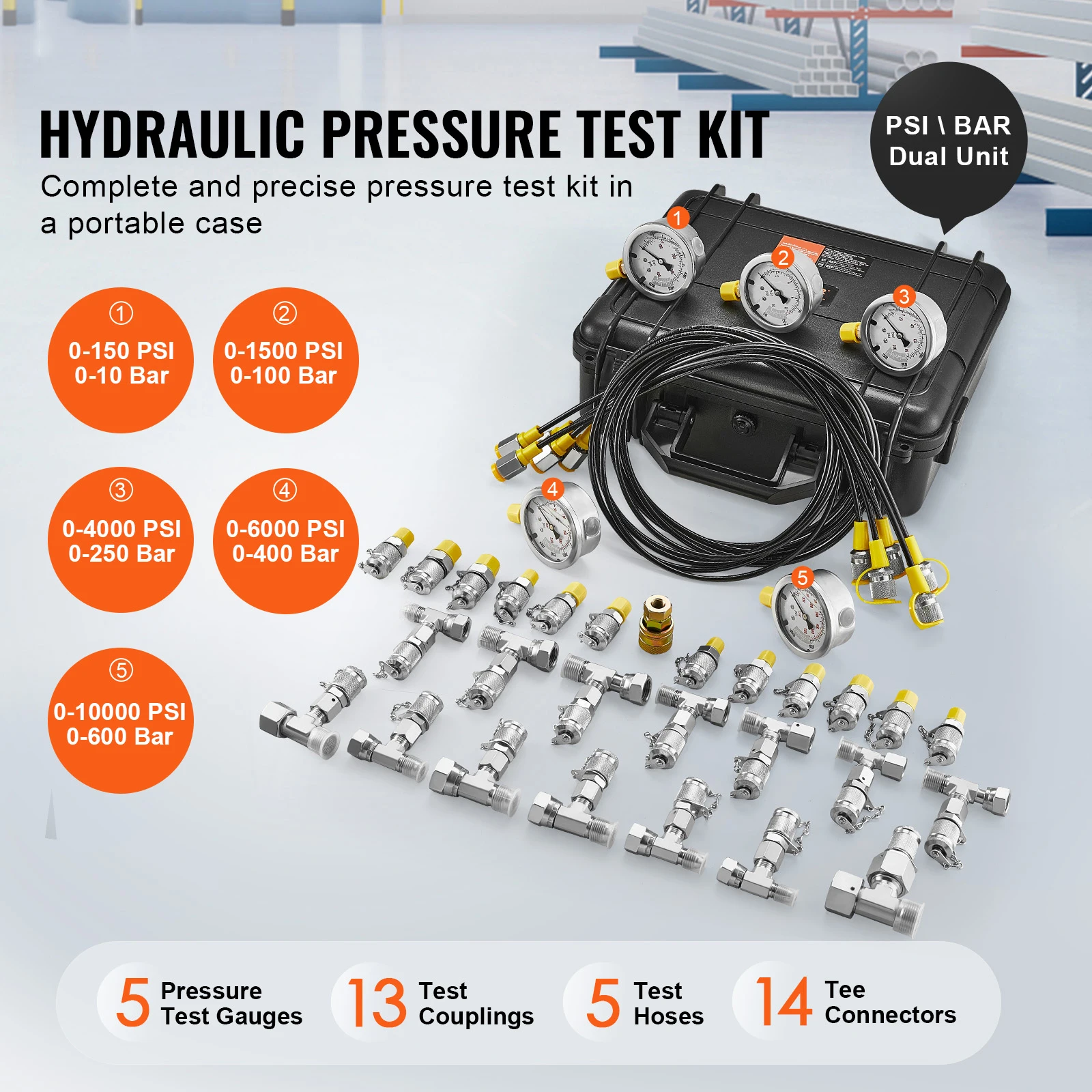SucceBuy Hydraulic Pressure Test Kits Excavator Hydraulic Test Gauge Sets with Carrying Case for Excavator Tractors Machinery