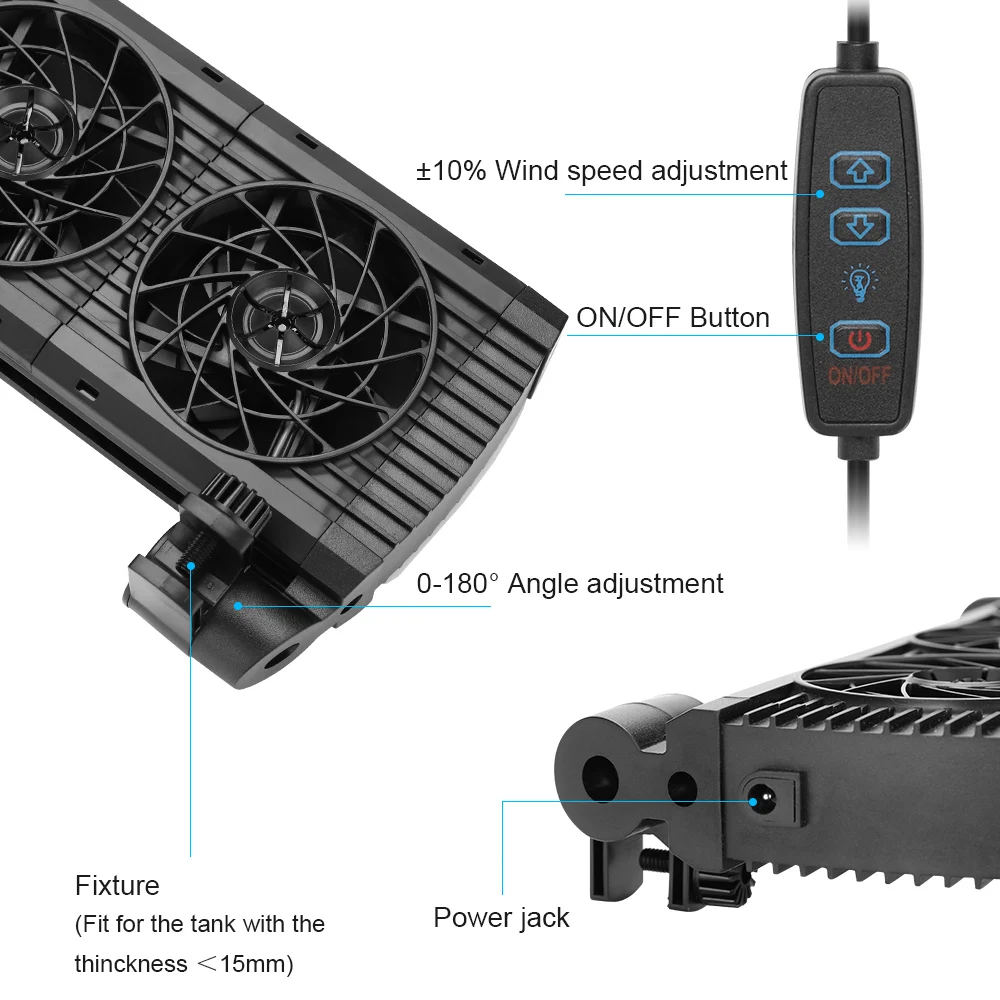Aquarium Cooling System Fish Tank Fan Adjustable 8 Variable Speed for 15mm tank thickness