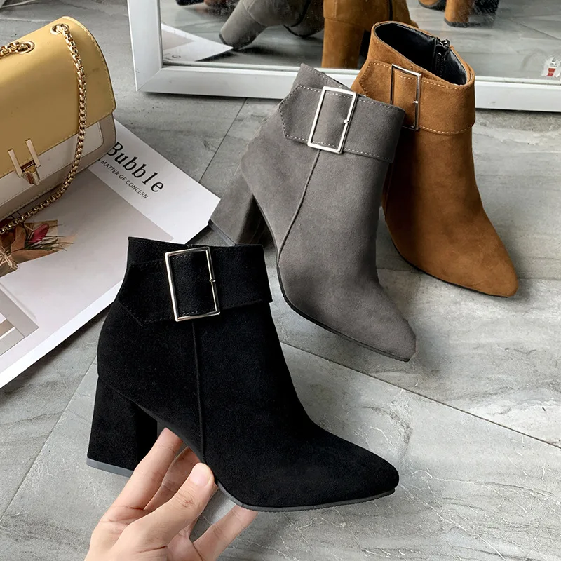 

Autumn 2023 Faux Suede Ankle Boots for Women Thick Heeled Pointed Toe Buckle Solid Color Short Shoes Office Ladies Casual Boots