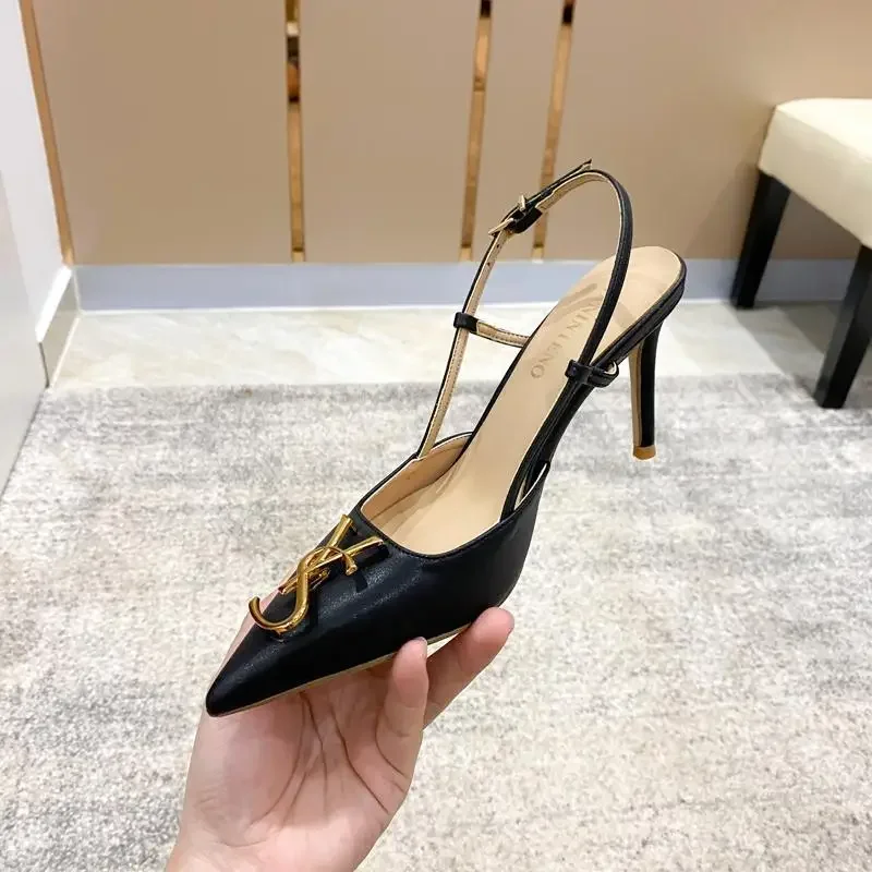 2024 New Summer Metal Buckle Baotou Fashion Sandals Women's Stilettos with Pointed Back  White Elegant for Ladies' Shoes heels