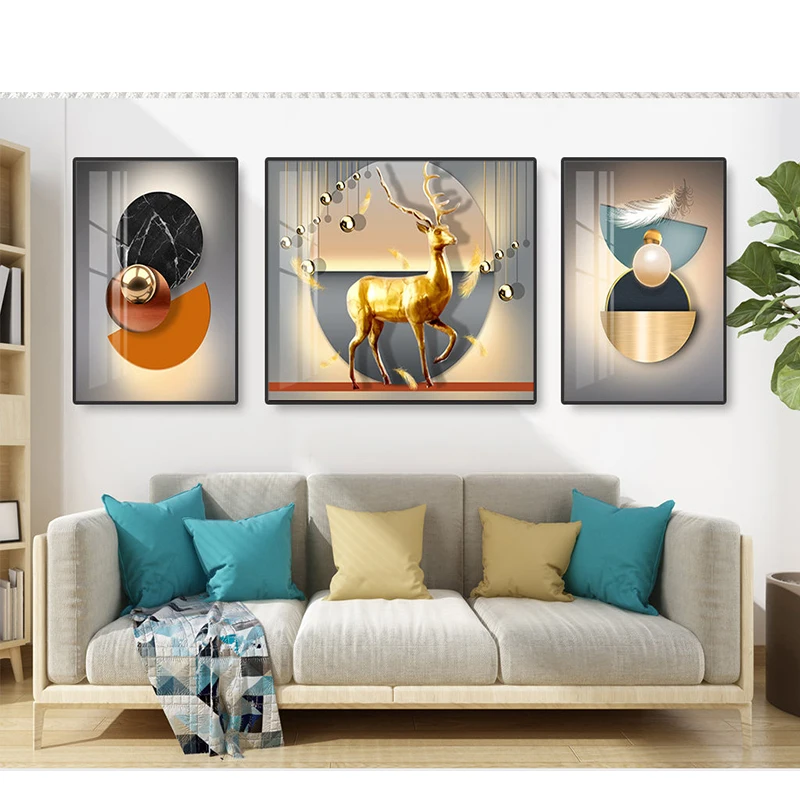 3 Pieces Luxury Golden Deer Canvas Painting Abstract Geometry Posters and Prints Wall Art for Living Room Home Decor Cuadros