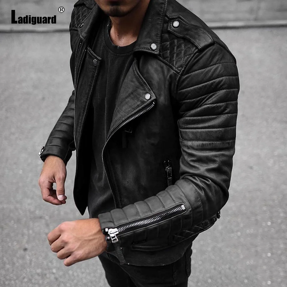 

Ladiguard 2024 New Sexy Faux Pu Leather Jackets Mens Fashion Zip Up Coats Slim Biker Jacket Plus size Top Outerwear Men Clothing