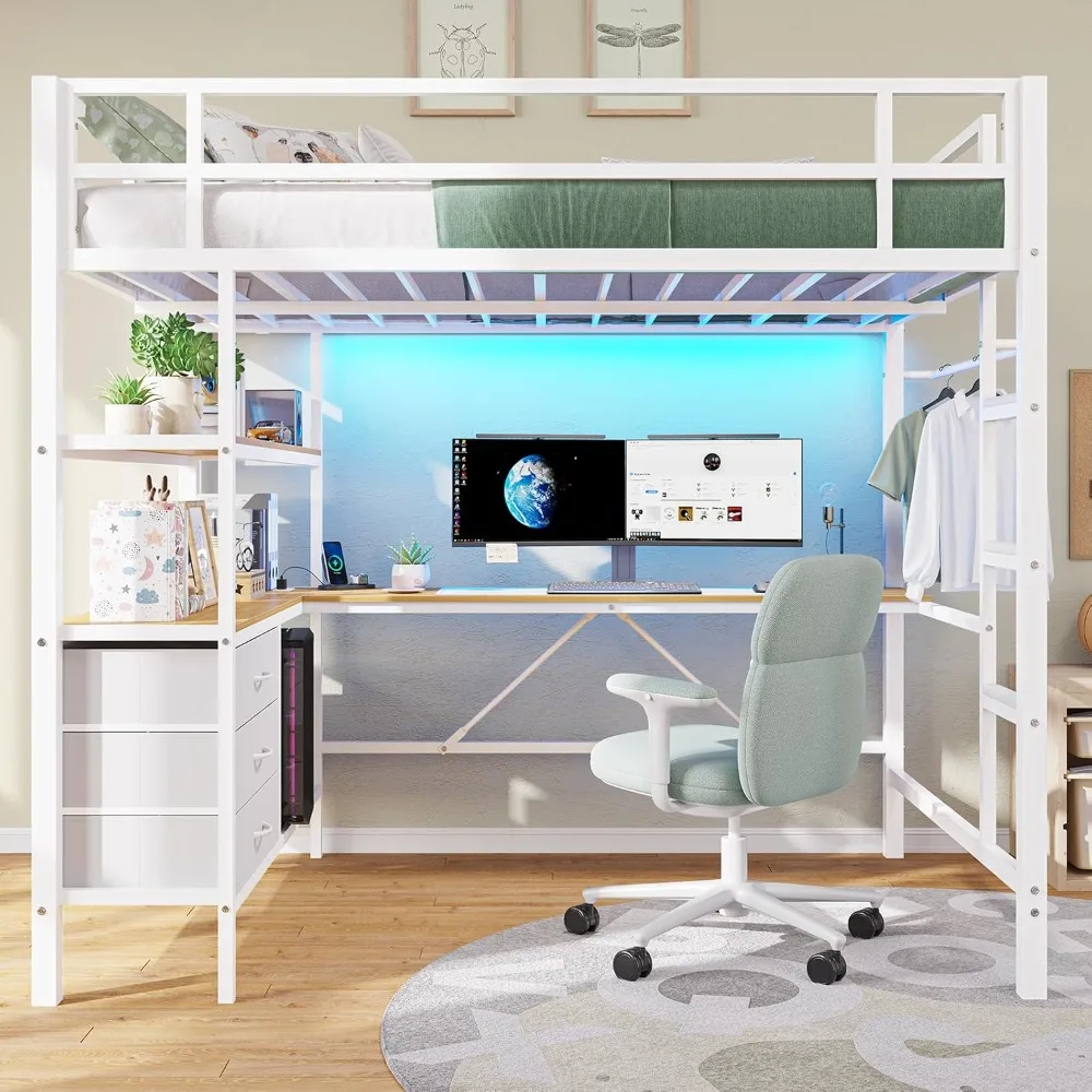 Full Size Loft Bed with L-Shaped Desk, LED Lights, Charging Station & Storage for Teens/Adults