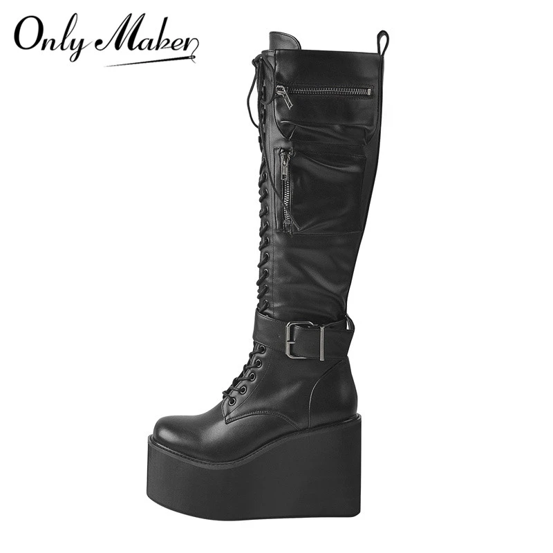 Onlymaker Women's Platform Laceup Knee High Boots Round Toe Matte