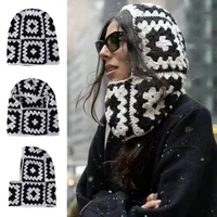 Autumn Winter Balaclava Hats for Women Handmade Crochet Knitted One-Piece Beanies Retro Floral Square Woolen Caps Earflap Bonnet 1