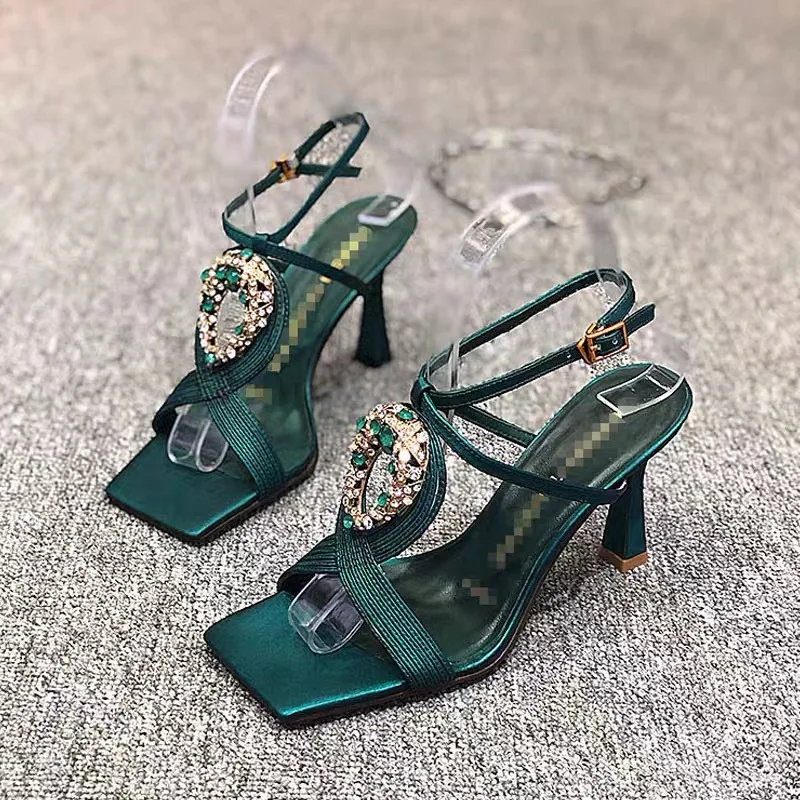 

New Fashion Sexy Design Ladies Narrow Belt Buckle Stiletto Shoes Black Faux Suede Open Toe Breathable Dress Sandals