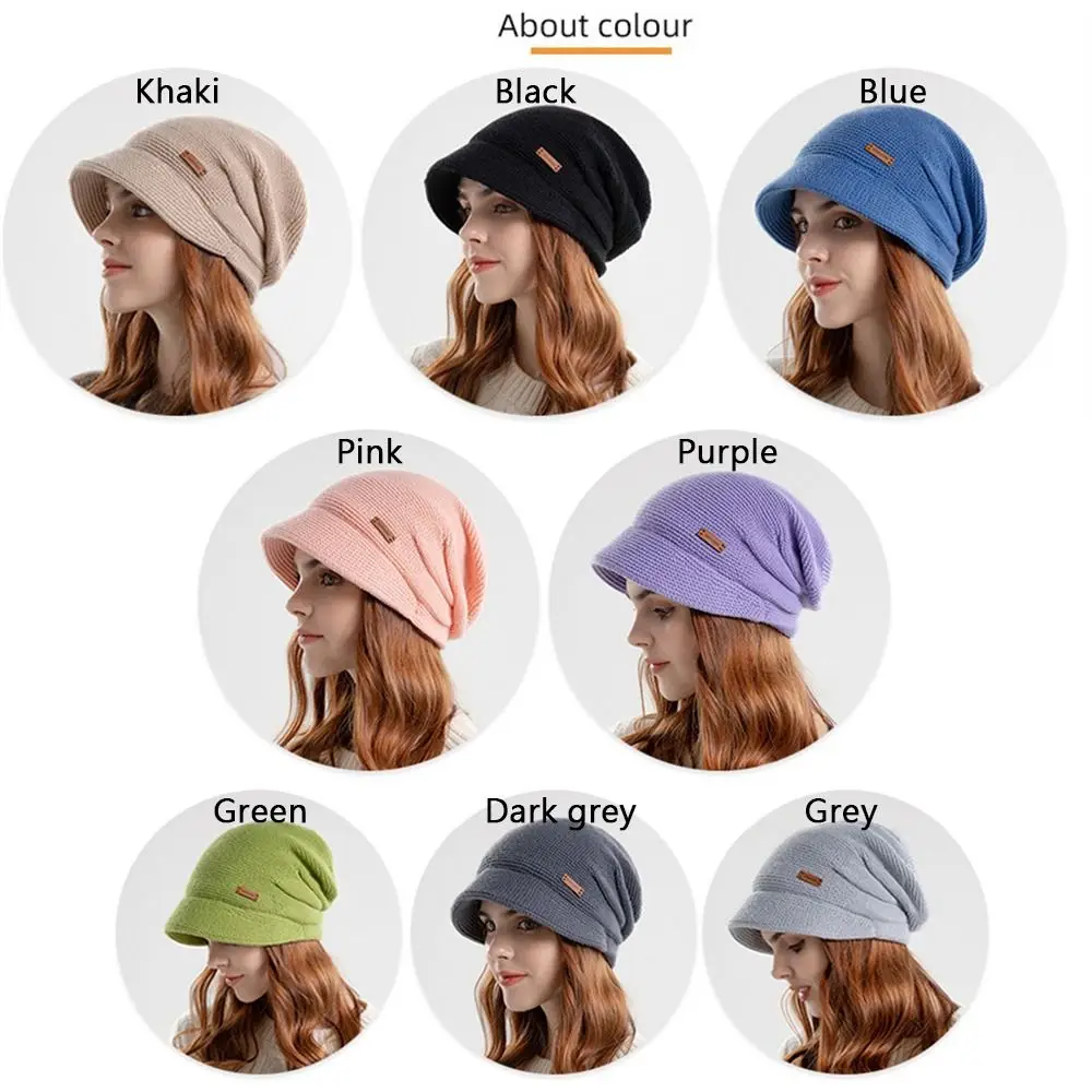 Fleece Lined Knitted Hat Casual Soft Plush Thickened Ear Protection Short Brim Windproof Bonnet Women Girl