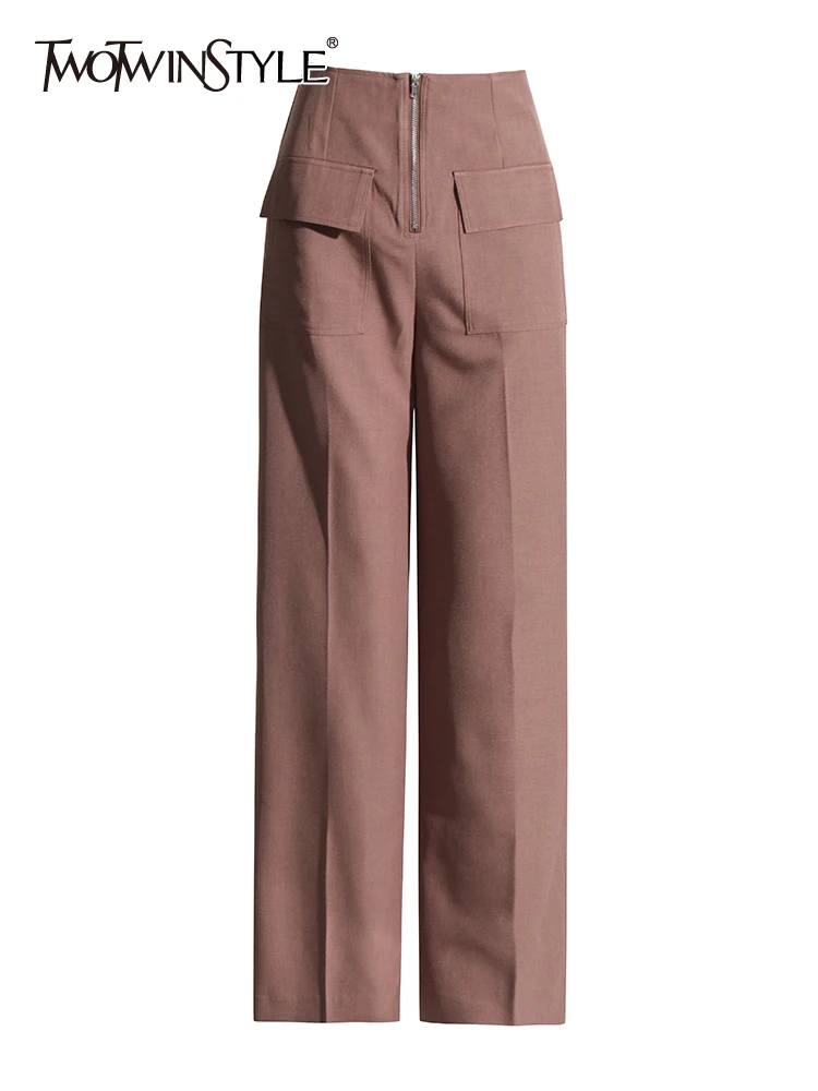 

TWOTWINSTYLE Solid Casual Loose Minimalist Patchwork Pockets Pants For Women High Waist Spliced Zipper Wide Leg Pant Female 2023