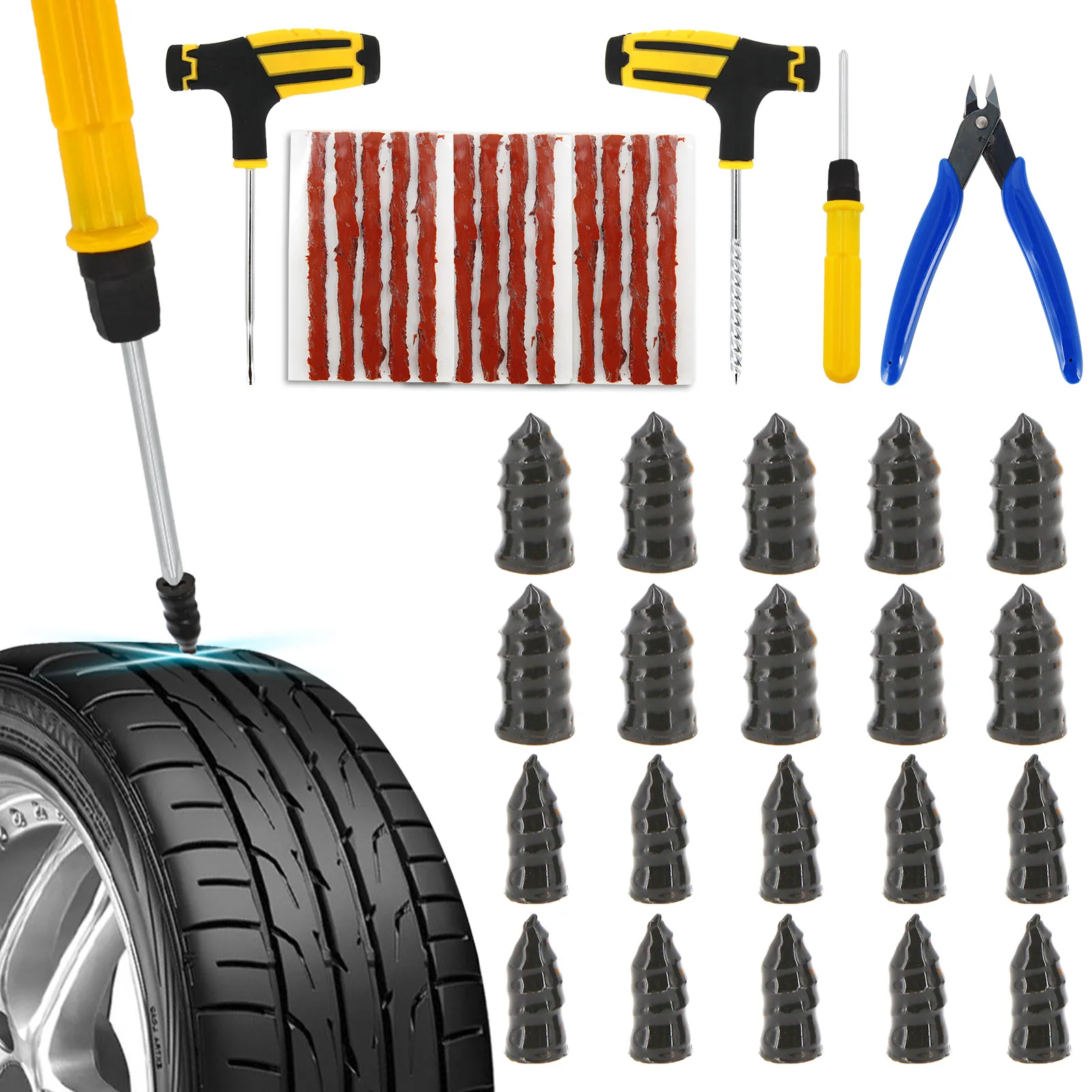 Car Tire Repair Tool Kit Studding Set Auto Bike Puncture Plug Garage Needle Nose Pliers Vacuum Film Nail Screws W/ Storage Case